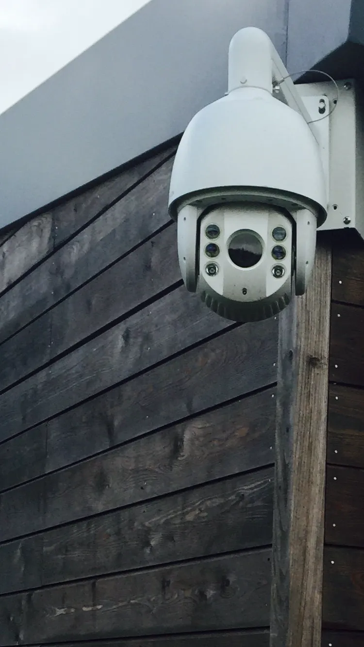 A security camera mounted on a wooden wall, designed for surveillance. The camera has multiple lenses and a sleek, dome-shaped housing.