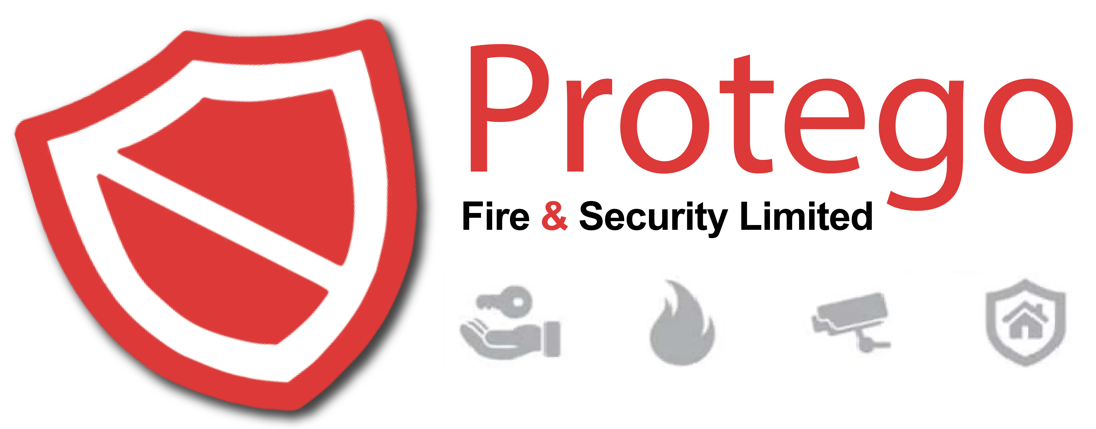 Logo featuring a red shield with a white check mark and the text "Protego." Icons below represent security elements: keys, fire, surveillance, and home protection.