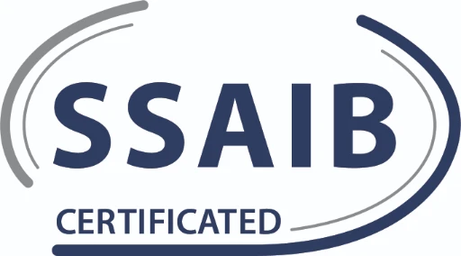 Logo of SSAIB (Security Systems and Alarms Inspection Board) with the word "CERTIFICATED," emphasizing accreditation in security services.